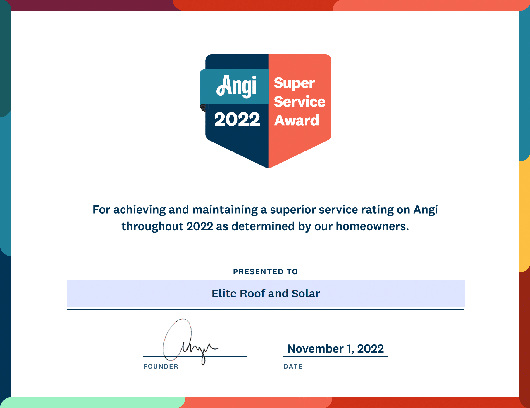 Award-Winning Roofer 2022 Angi Super Service Award Certificate