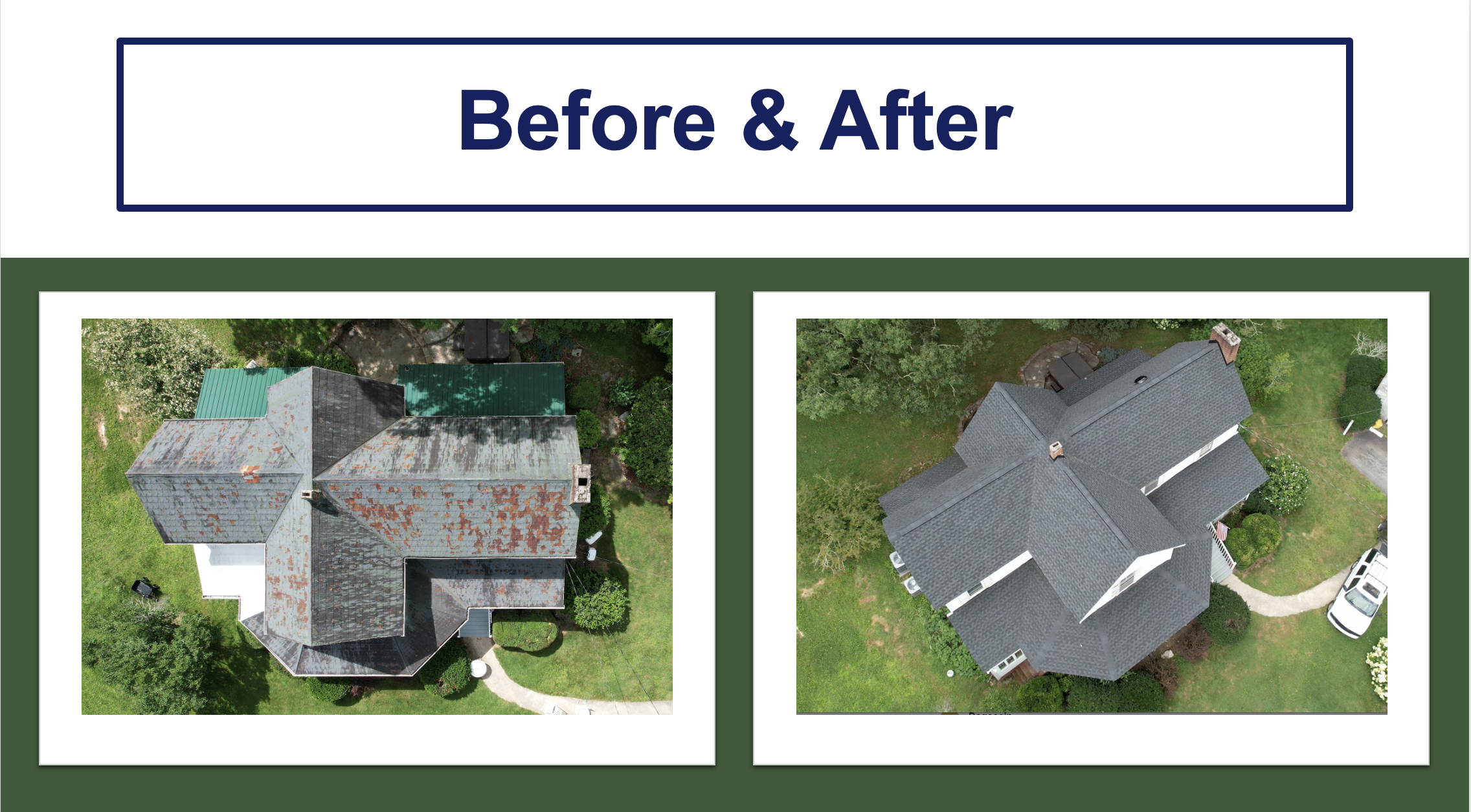 Showing the significant curb appeal improvement and home value improvement that a roof replacement from Elite Roof and Solar can have through before and after drone images.