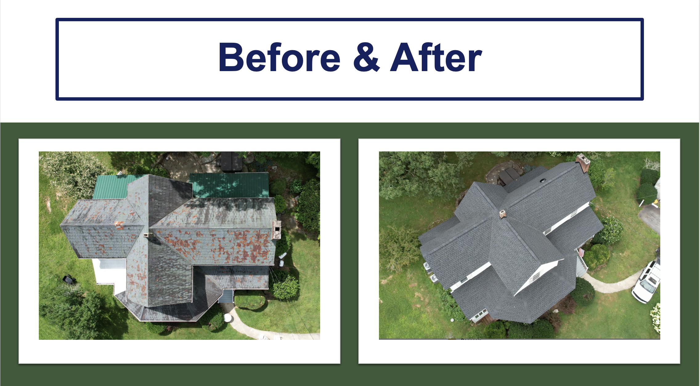 Maximizing Your Investment: The Ultimate Guide to Roof Replacement 1 Showing the significant curb appeal improvement and home value improvement that a roof replacement from Elite Roof and Solar can have through before and after drone images.