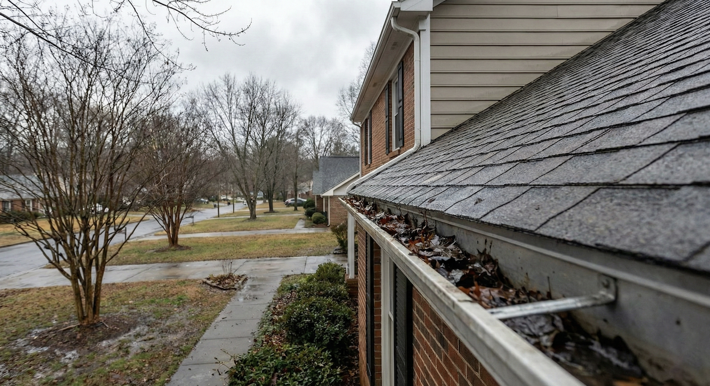 gutter maintenance in Charlotte home managing rainwater during mild winter weather