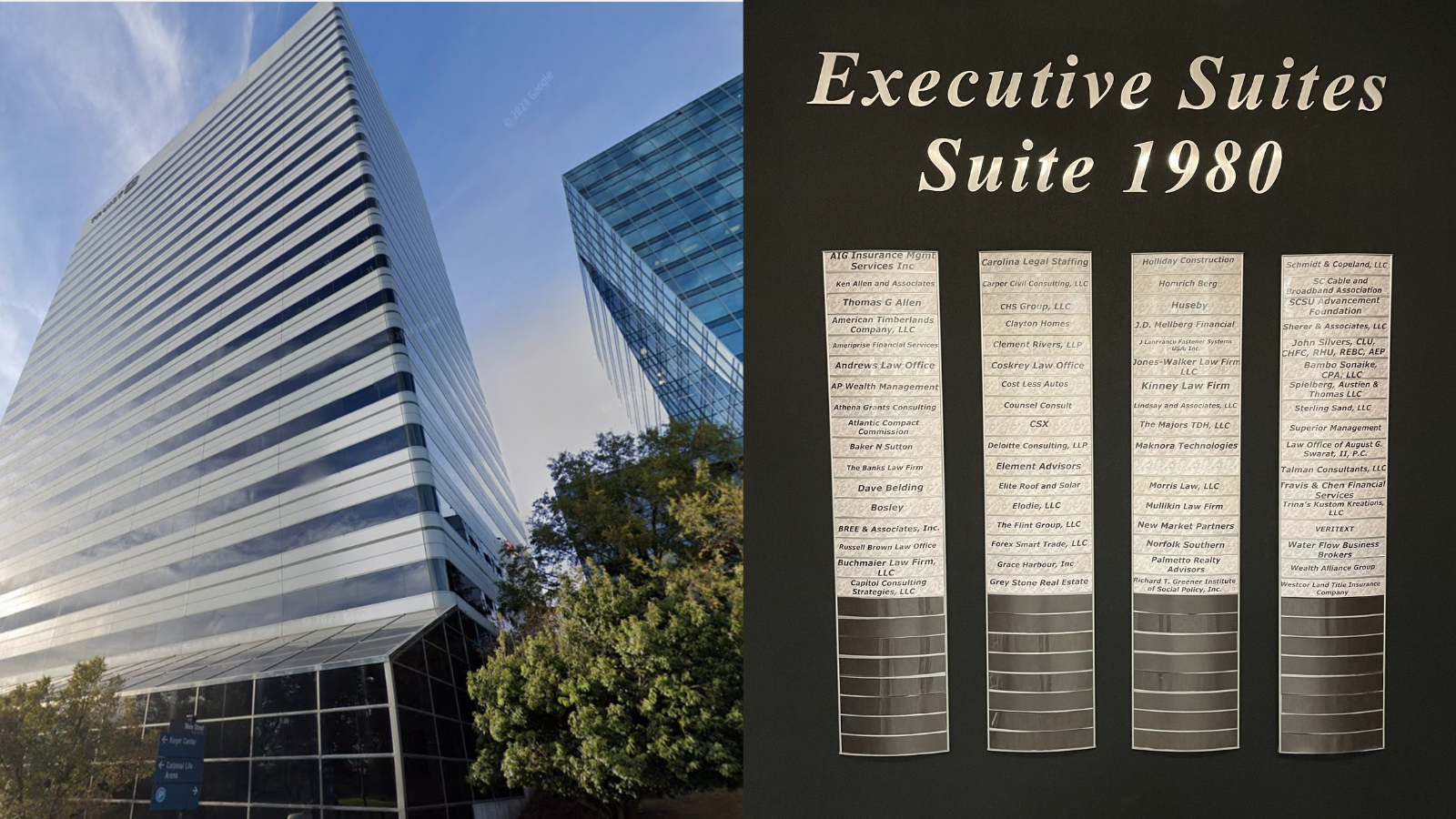 Exterior of a modern high-rise office building in Columbia, SC alongside an interior directory listing Elite Roof and Solar in Suite 1980.