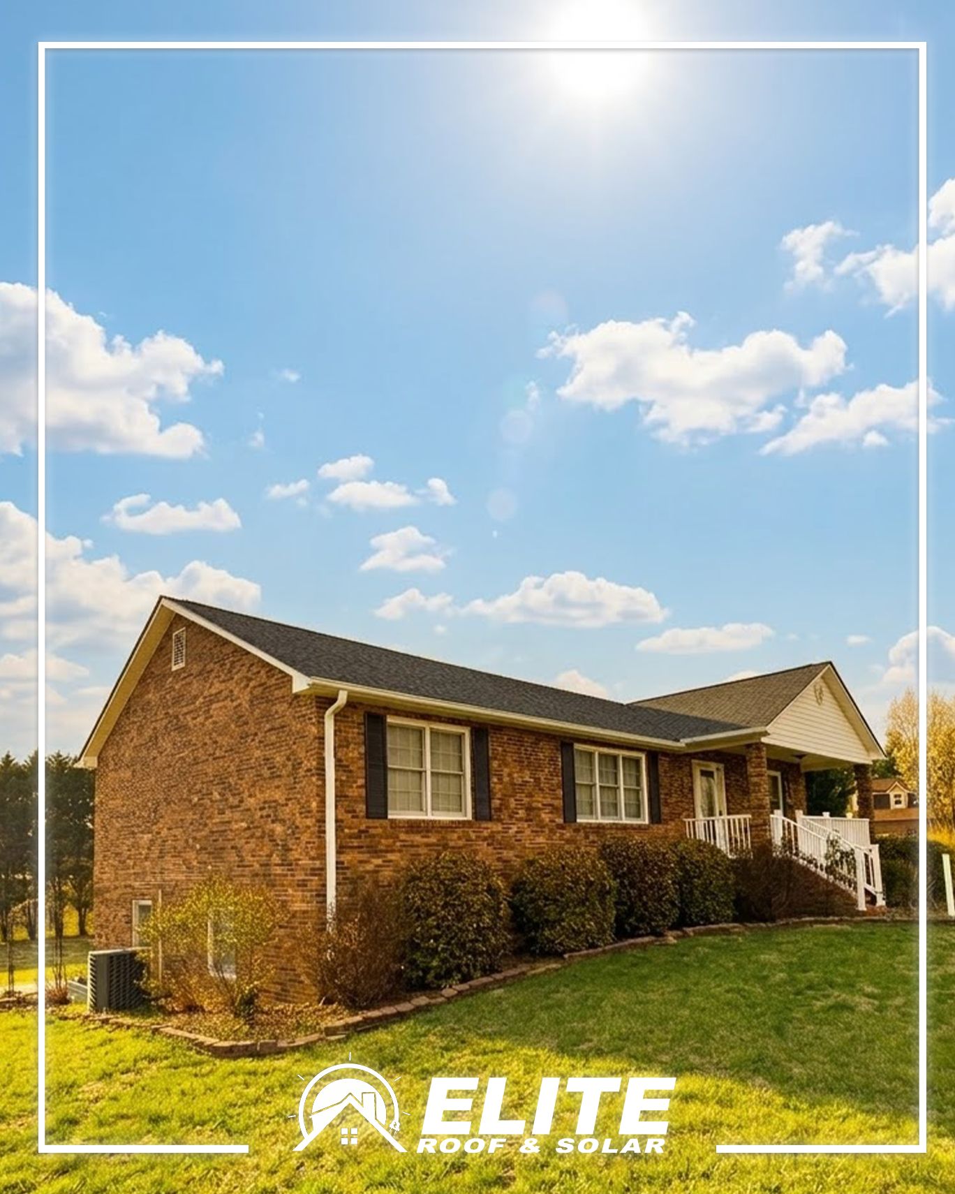 Energy efficient roofing on a brick ranch home under direct summer sun