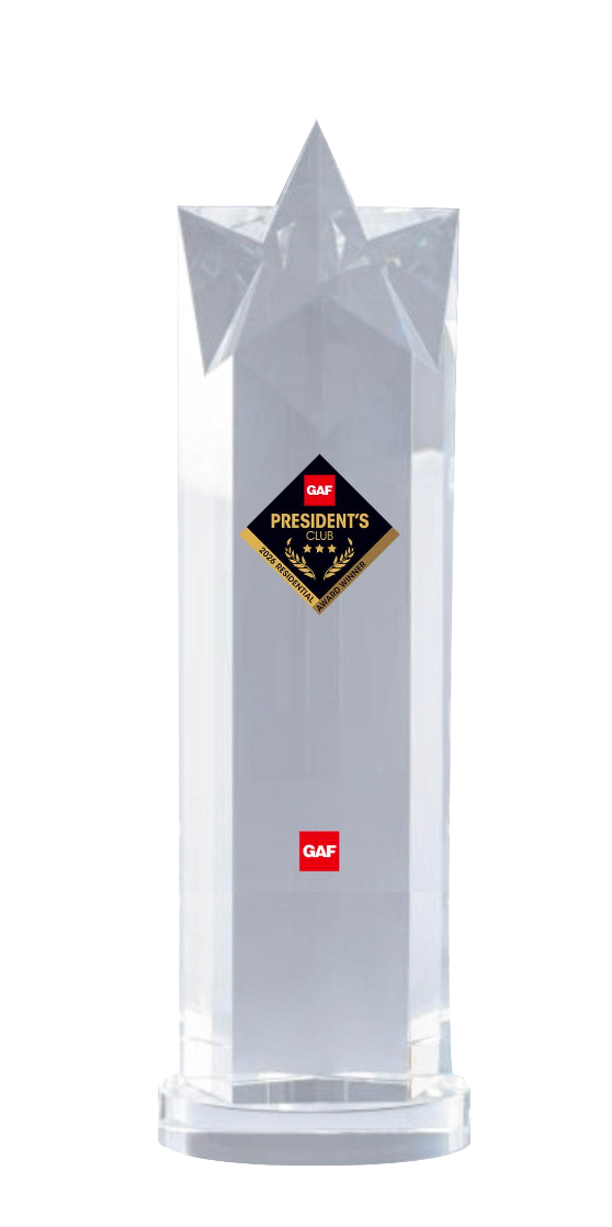 The GAF 3-Star President's Club Award trophy recognizing Elite Roof and Solar as the best of the best roofers in Winston-Salem.