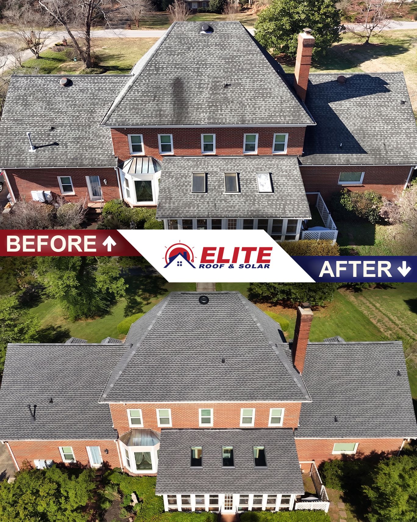 Before and after roof replacement on a brick home, the stage where roof decking is inspected and replaced